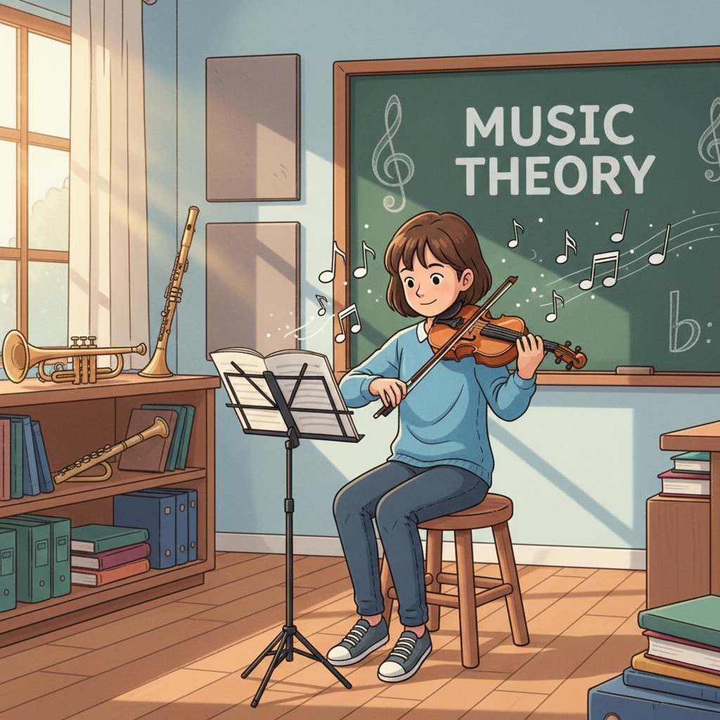 A young student is sitting in a school music room, playing the violin with concentration. A student playing the violin in a school music room where the sound was initially misinterpreted as crying