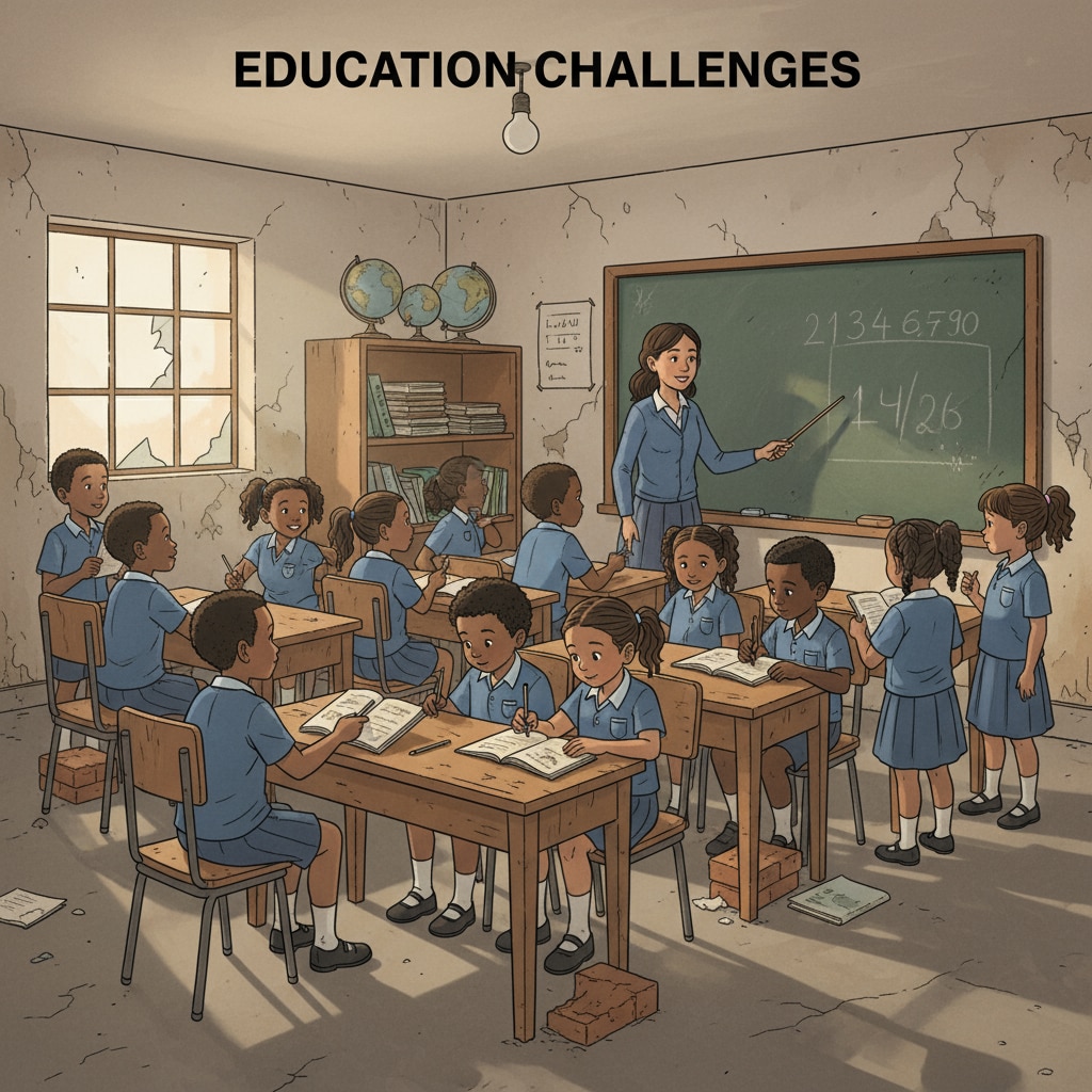 A group of students in a poorly equipped classroom in South Africa, with desks in disrepair and few teaching materials, showing the lack of resources in some schools. Educational inequality in South Africa - a poorly equipped classroom highlighting the resource gap.