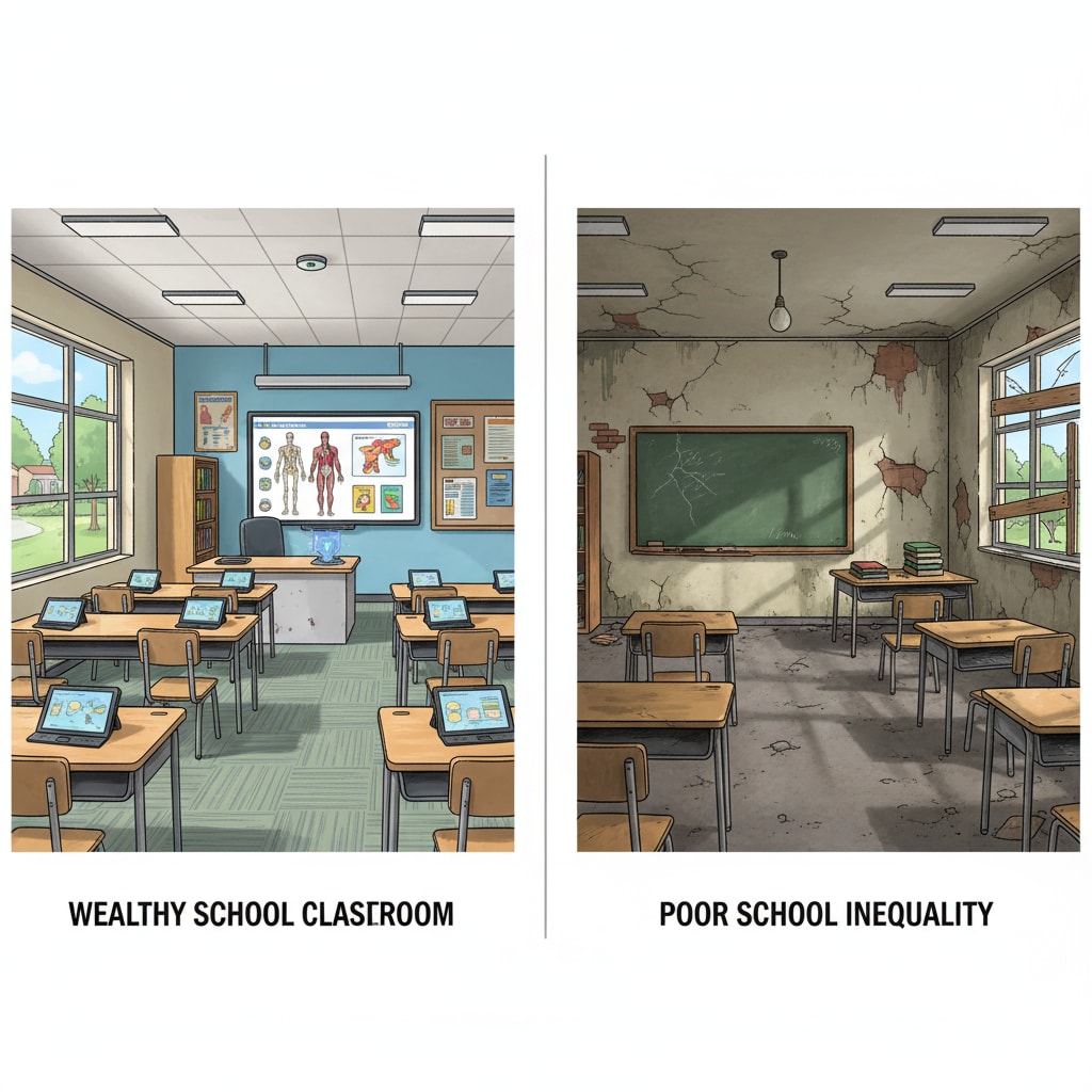 A side - by - side comparison of a modern, well - equipped classroom in a wealthy school with brand - new desks, advanced teaching technology, and a neatly arranged classroom, and a dilapidated classroom in a poor school with crumbling walls and limited furniture. Resource gap in South Africa's education - comparison of a wealthy and a poor school classroom.