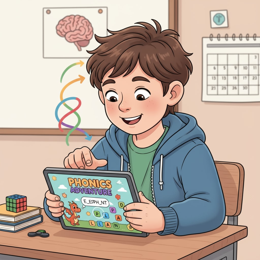 A child with ADHD is shown using a tablet with a spelling learning app on the screen. The child looks engaged in the learning process. A child with ADHD using a spelling learning app on a tablet