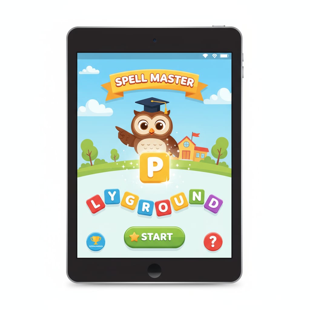 A screenshot of a popular spelling learning app. The app has colorful graphics and interactive elements such as animated characters and clickable buttons. Screenshot of a spelling learning app for ADHD children