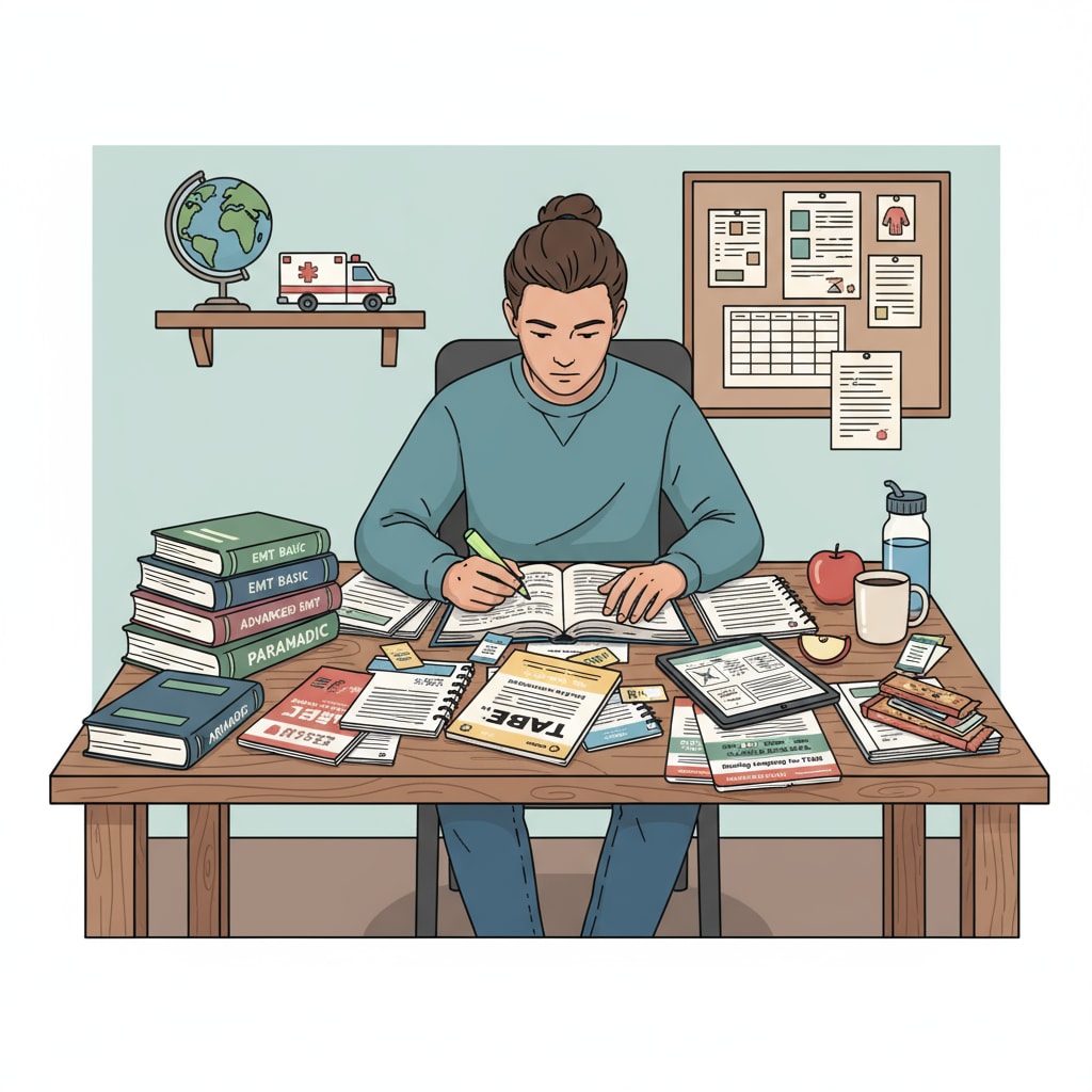 A young person is sitting at a desk, surrounded by TABE test study materials and EMT books, concentrating on their studies. A young person studying for the TABE test to enter EMT courses for a firefighter career.