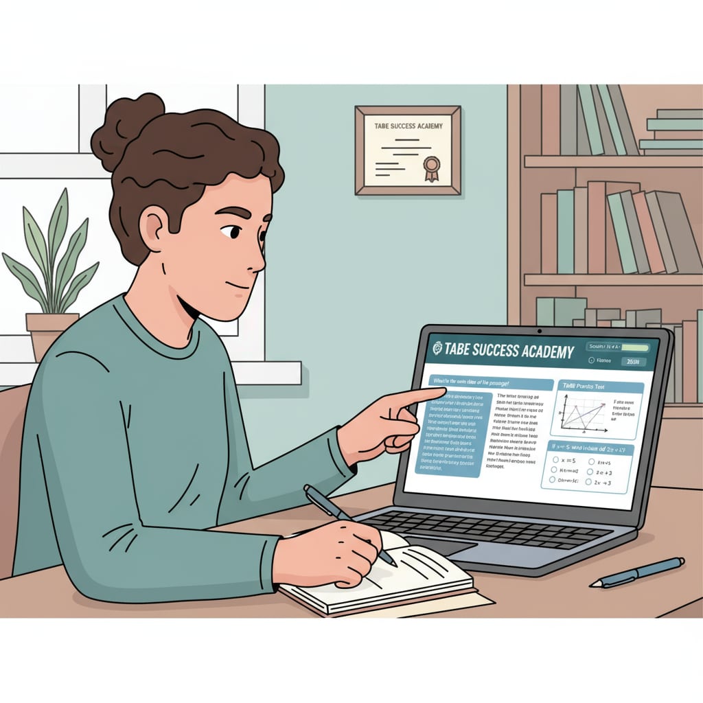 A person is sitting in front of a laptop, looking at an online TABE practice test interface. A person using an online resource to prepare for the TABE test related to EMT courses for a firefighter career.