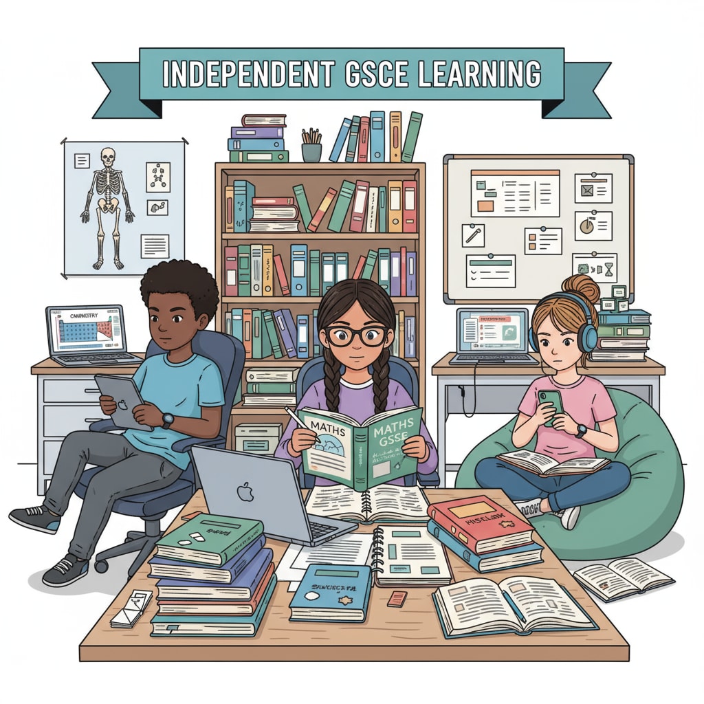 An image depicting adolescents studying on their own, surrounded by books and digital resources related to GCSE courses, highlighting their independent learning efforts. Adolescents using self-study resources for GCSE courses