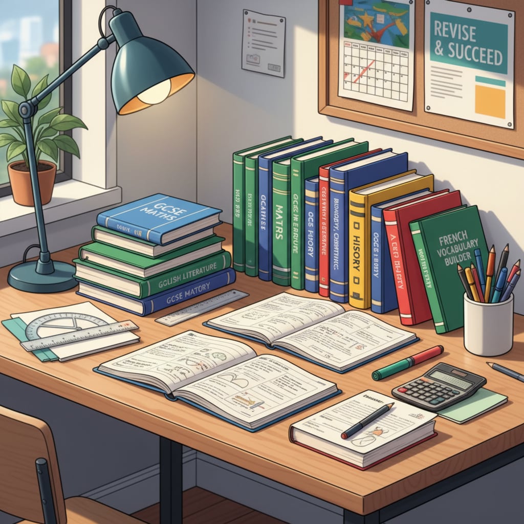 A neatly arranged collection of GCSE textbooks and workbooks on a study table, symbolizing the available offline self-study materials for students. GCSE textbooks and workbooks as self-study resources