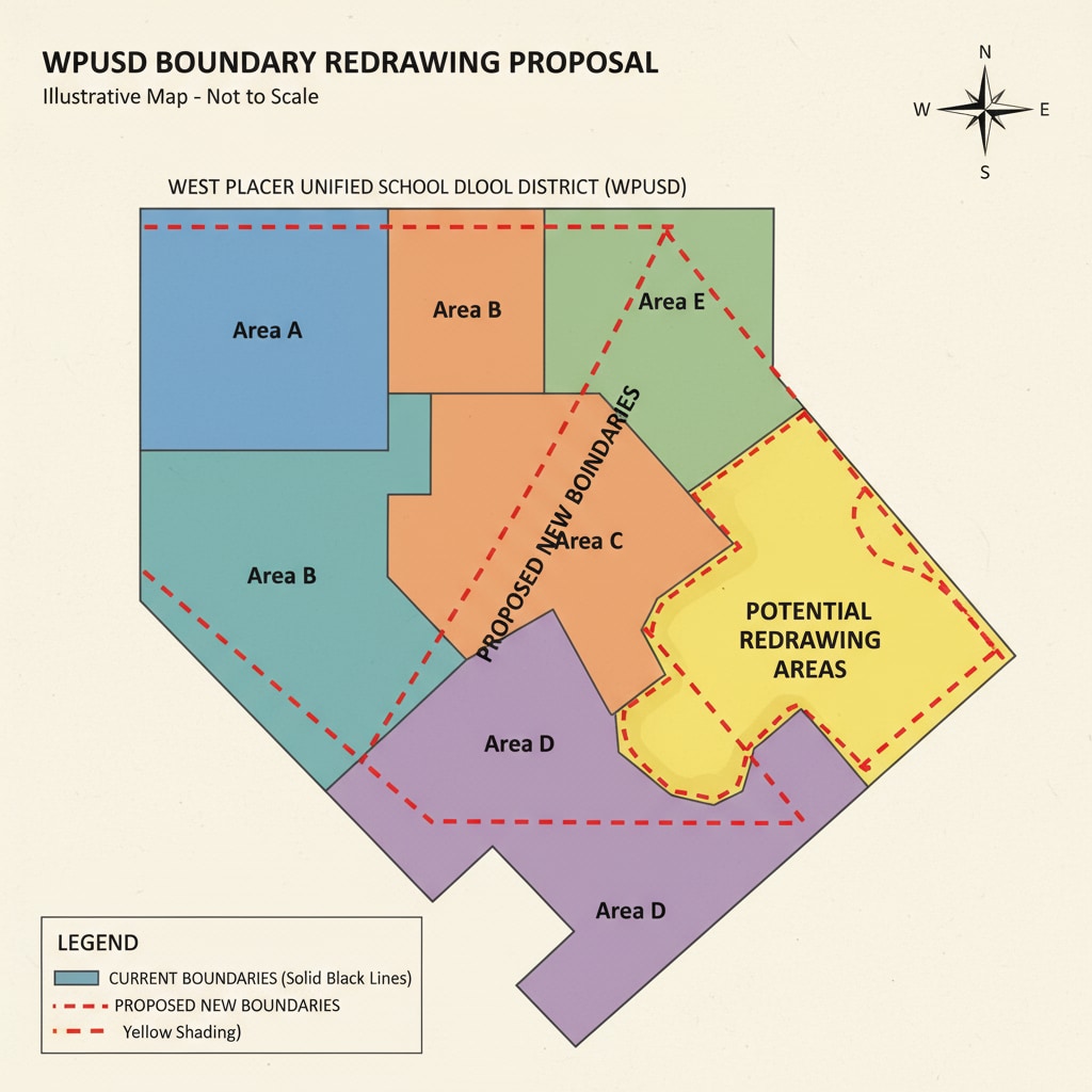 A map depicting the potential areas of boundary redrawing in the WPUSD, highlighting the proposed changes. Map of potential boundary redrawing in WPUSD
