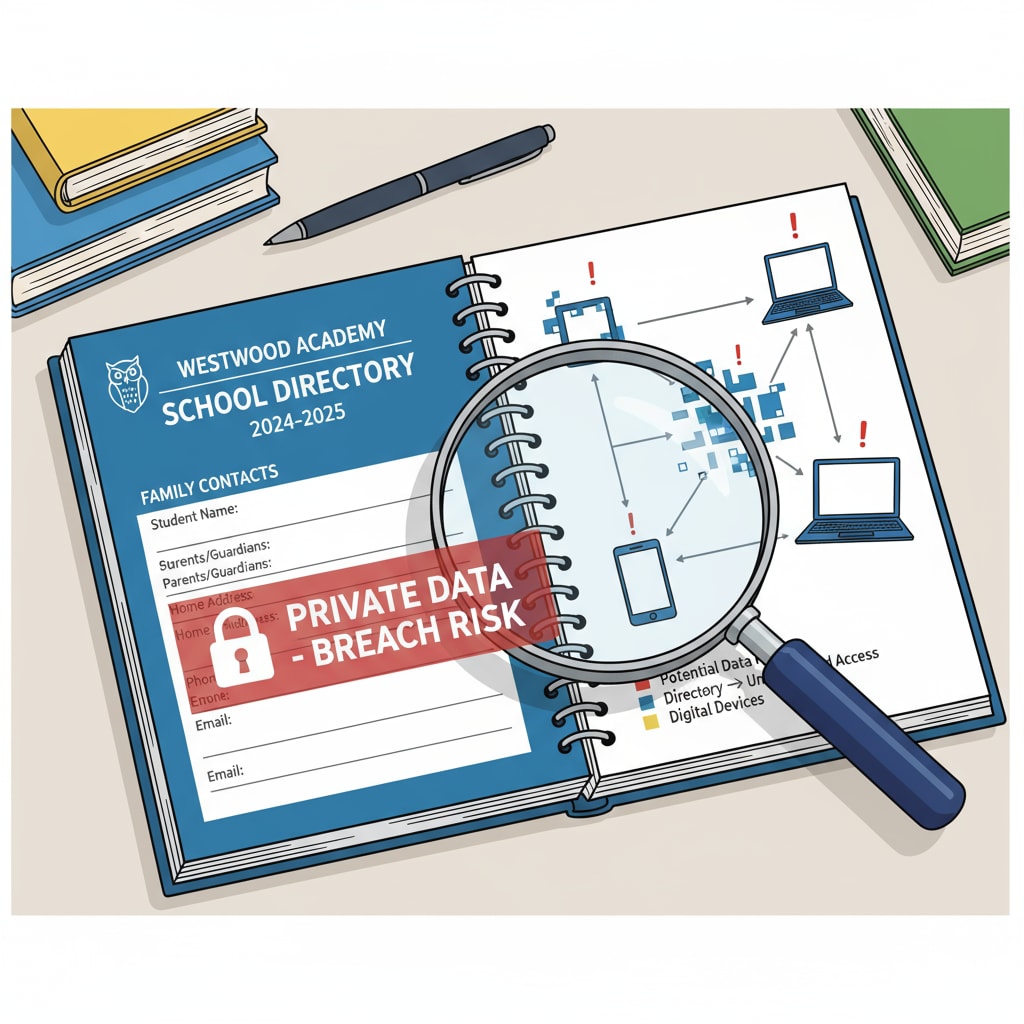 A school directory is being opened, showing some personal details such as family addresses and contact information, highlighting the potential for privacy breach. A school directory being opened with visible personal information related to privacy breach for children from divorced families