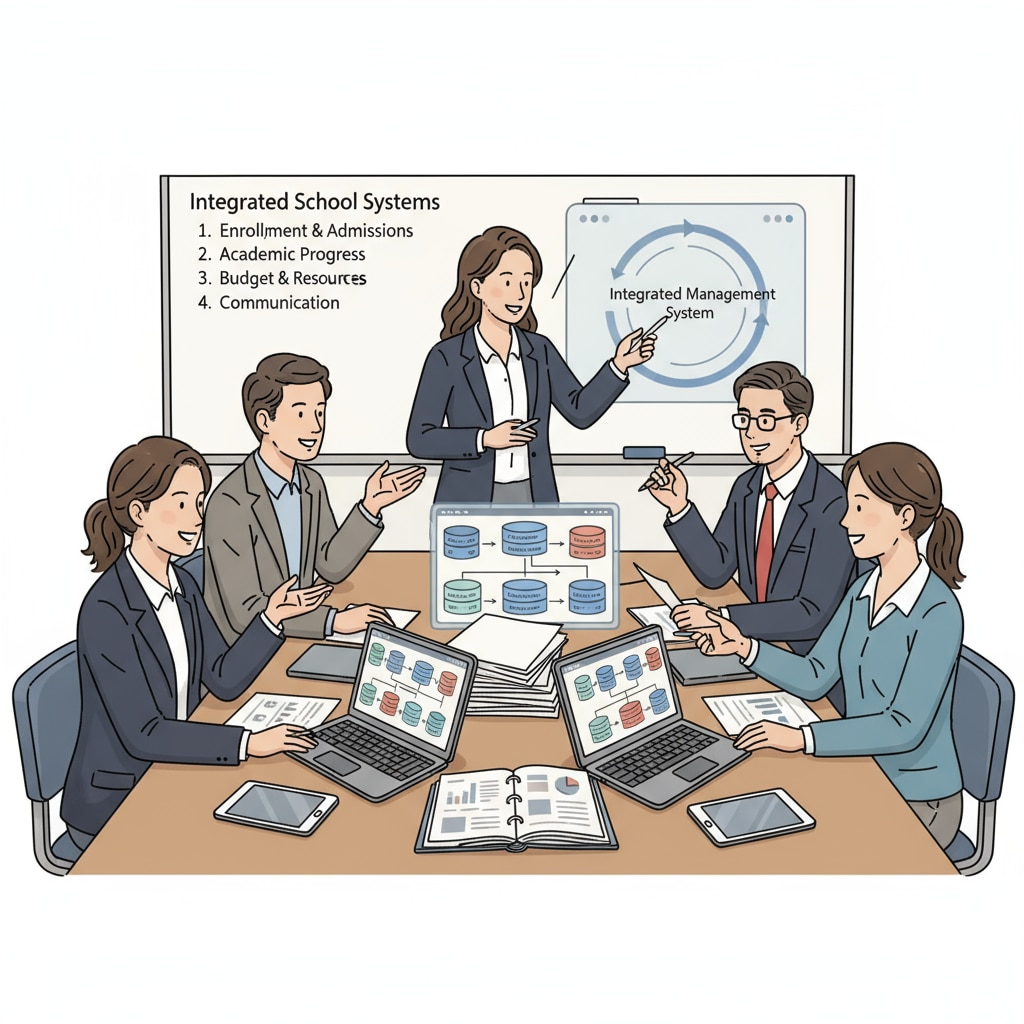 A group of school staff members are gathered around a table, discussing information management systems, with papers and laptops in front of them. School staff discussing information management to prevent privacy breaches for children from divorced families