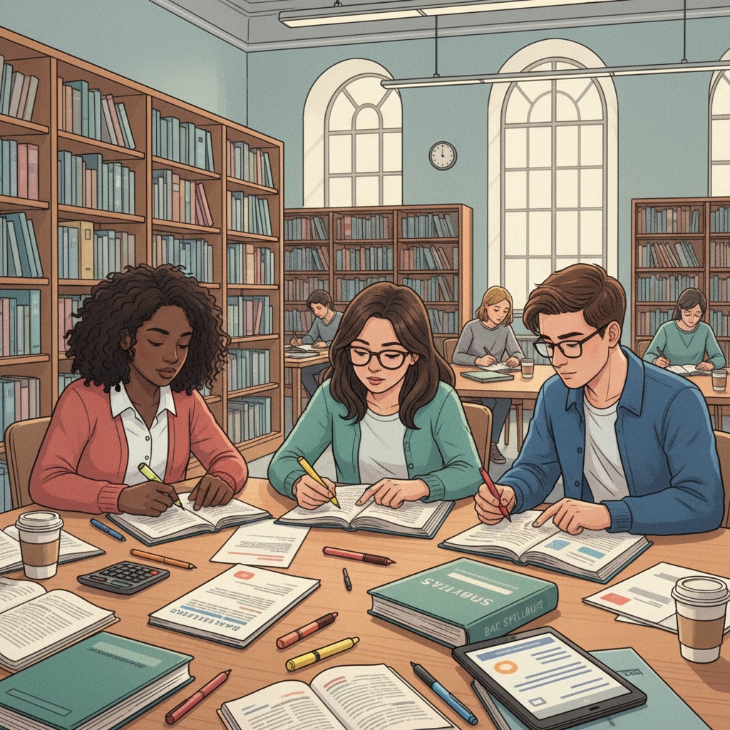 Students are sitting in the library, carefully going through the baccalauréat syllabus materials, highlighting important points. Students studying baccalauréat syllabus in the library for effective exam preparation and time management