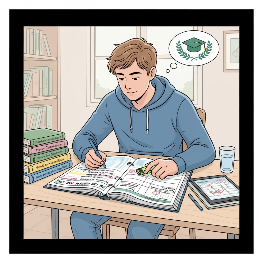A student is sitting at a desk, using a planner to write down a detailed study schedule for baccalauréat preparation. A student making a study schedule on a planner to manage time for baccalauréat exam preparation