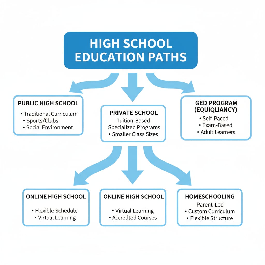 A diagram showing arrows leading to different boxes labeled with various high school education paths such as public, GED, online, etc. Visual representation of diploma choices, GED, and high school education paths
