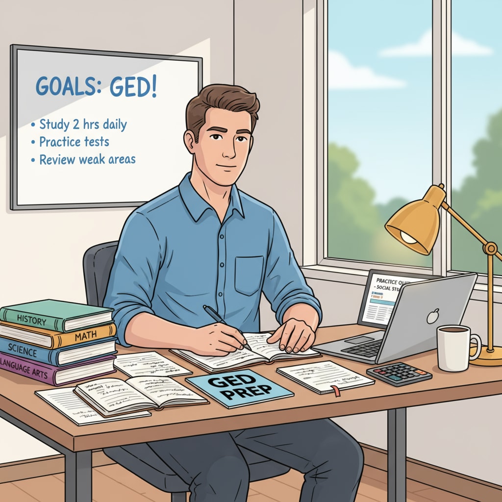 A person sitting at a desk with books and a laptop, studying for the GED test. Student studying for GED in the context of diploma choices and high school education