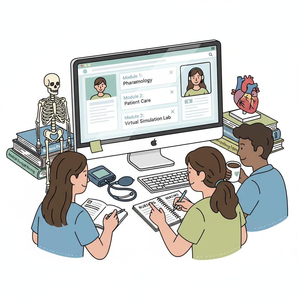 Students are engaged in online nursing studies, with various nursing textbooks and materials around, and a computer screen displaying an online learning platform. Online students studying nursing without SAT/ACT requirements