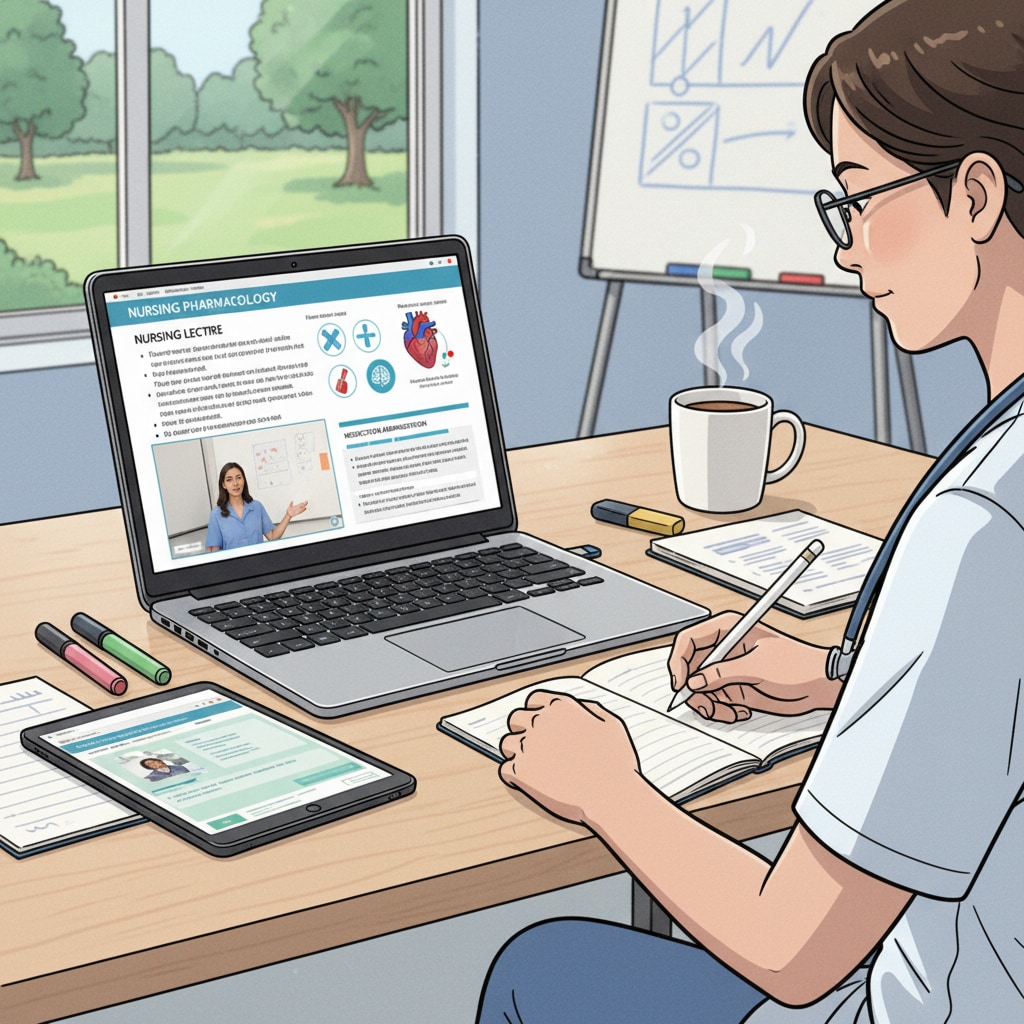 A working professional is attentively studying an online nursing course during a break, with a laptop open showing detailed nursing lecture content. Busy professional pursuing online nursing degree without SAT/ACT