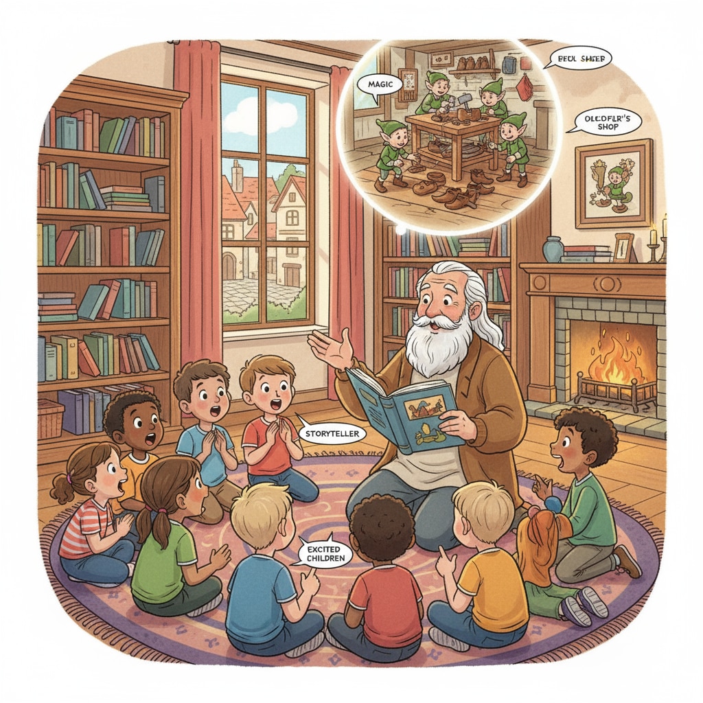 A group of children are sitting around a storyteller, with excited expressions on their faces as they listen to the tale of the shoemaker and the elves. Children listening to a fairy tale about shoemaker and elves