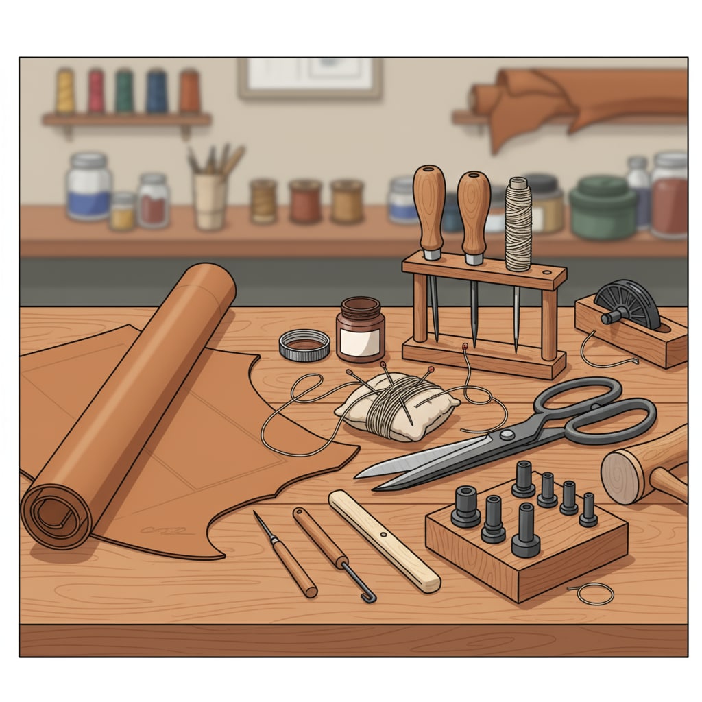 A wooden table is laid out with various leather crafting tools like awls, needles, and scissors, alongside a large piece of brown leather waiting to be worked on. Leather crafting tools and unfinished leather