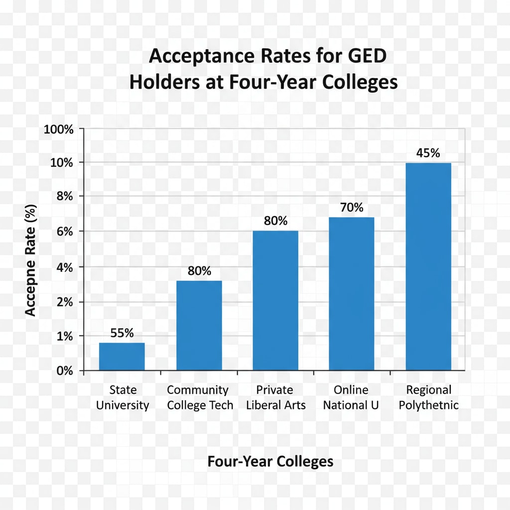 A graph presenting the acceptance rates of different four-year colleges for GED holders, with college names on the x-axis and acceptance rates on the y-axis. Graph of acceptance rates for GED holders in four-year colleges