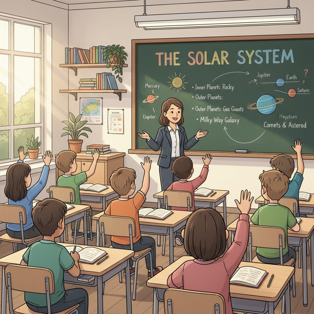 A classroom scene shows students sitting at desks, with the teacher standing at the front, engaged in a lively discussion. The blackboard has some educational content written on it, representing the day - to - day activities in a public education setting. Classroom scene depicting the various aspects of public education, including potential areas of parent complaints, teacher feedback, and ideological disputes