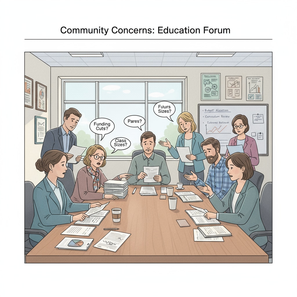 A group of parents are gathered around a table in a school meeting room. Some are holding papers, and all are engaged in a serious discussion, indicating their concerns about education issues. Parents discussing education issues, highlighting their complaints and concerns which are part of the public education disputes