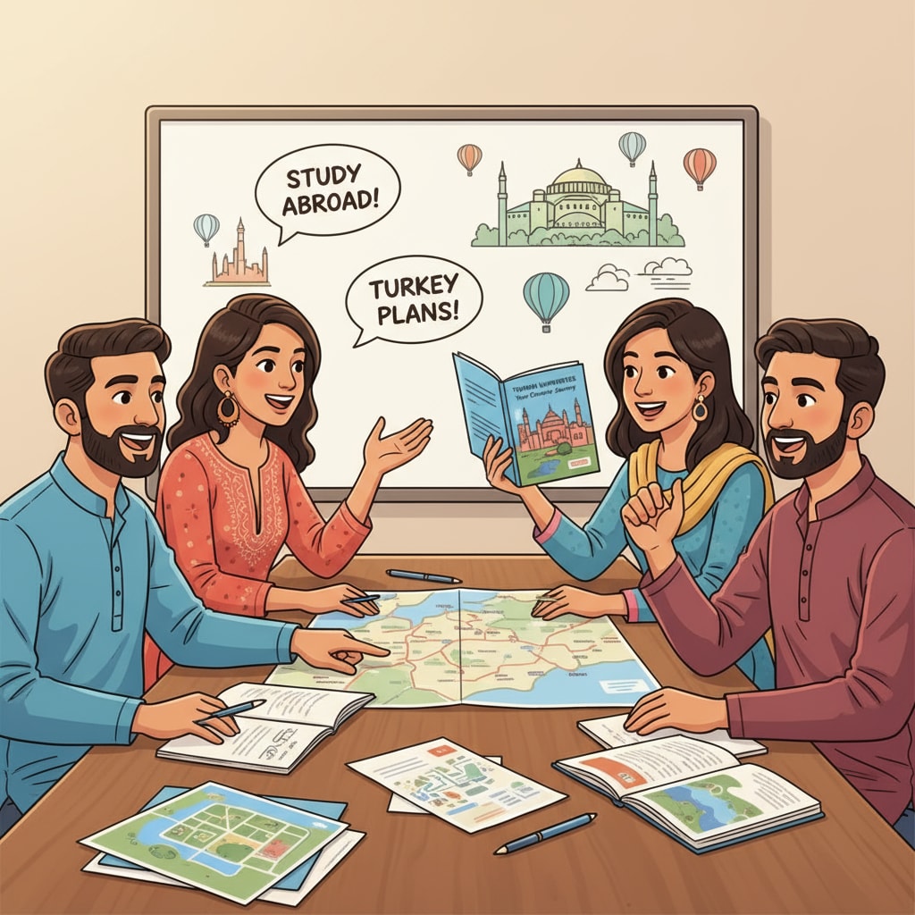A group of Indian artists are sitting around a table, discussing their excitement and plans for studying in Turkey. They are looking at brochures and maps of Turkish universities. Indian artists discussing their plans to study in Turkey with English-taught programs and international student applications in mind