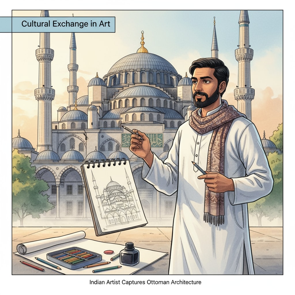 An Indian artist is standing in front of a beautiful Turkish mosque, sketchbook in hand, clearly inspired by the architecture. Indian artist being inspired by Turkish architecture while considering studying in Turkey through English-taught programs and international student applications