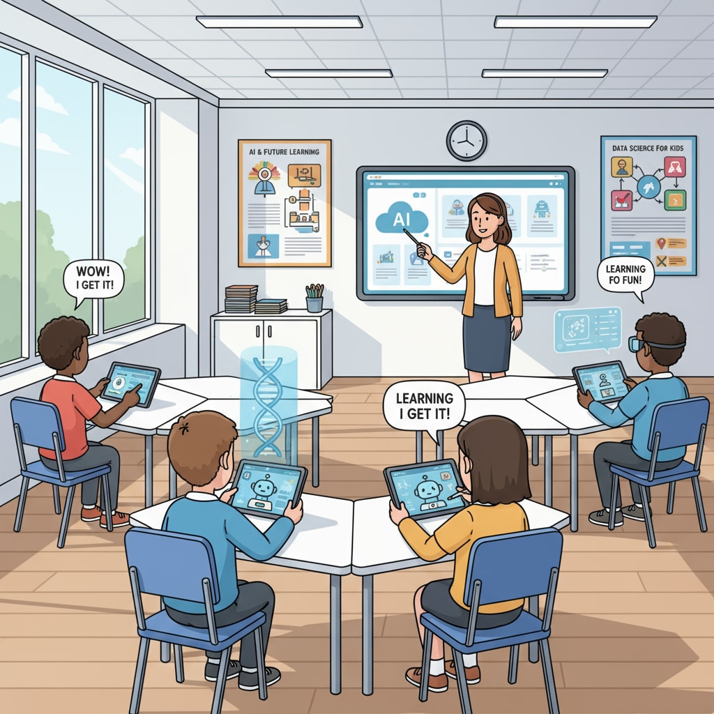 A modern classroom scene where students are using AI learning tools, such as tablets with educational AI software, to engage in interactive learning. Students in a classroom with AI learning tools related to AI courses, prompt engineering, and educational development