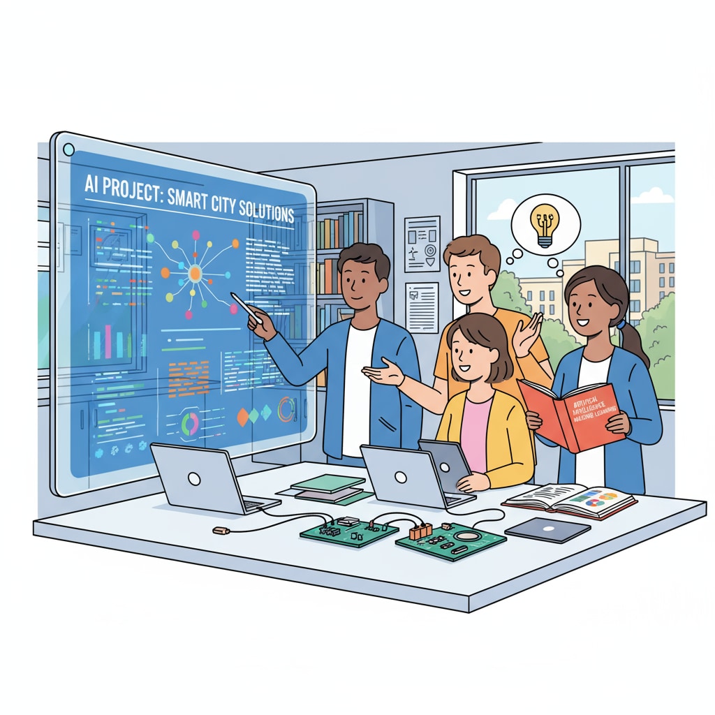 A group of students working together on an AI project. They are discussing ideas, looking at data on a shared screen, and collaborating to achieve their project goals. Students collaborating on an AI project relevant to AI courses, prompt engineering, and educational development