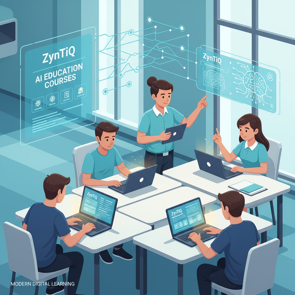 Students are shown using digital devices such as tablets and laptops to engage with ZynTiQ's AI education courses, highlighting the modern and accessible nature of the learning platform. Students accessing ZynTiQ's AI education courses for lifetime membership and certification