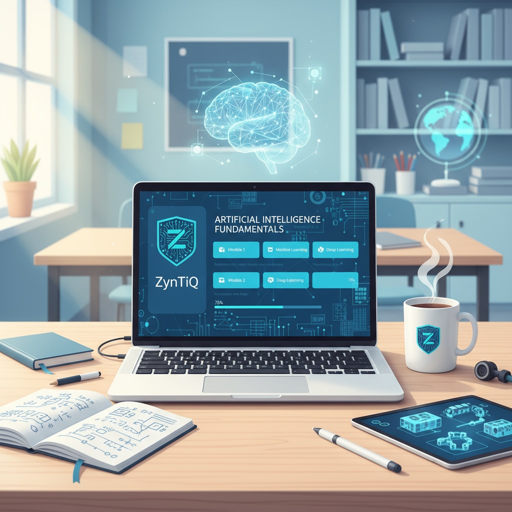 A student is sitting at a desk, intently studying an AI course on a laptop with ZynTiQ's logo visible, demonstrating the immersive learning experience offered by ZynTiQ. Student studying ZynTiQ's AI education course for lifetime membership and certification