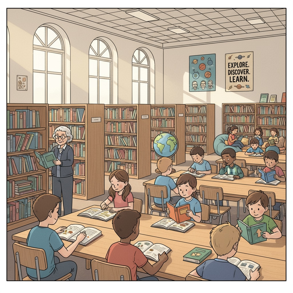 A library in a public school filled with students reading books, indicating a rich learning resource. A public school library with students engaged in reading