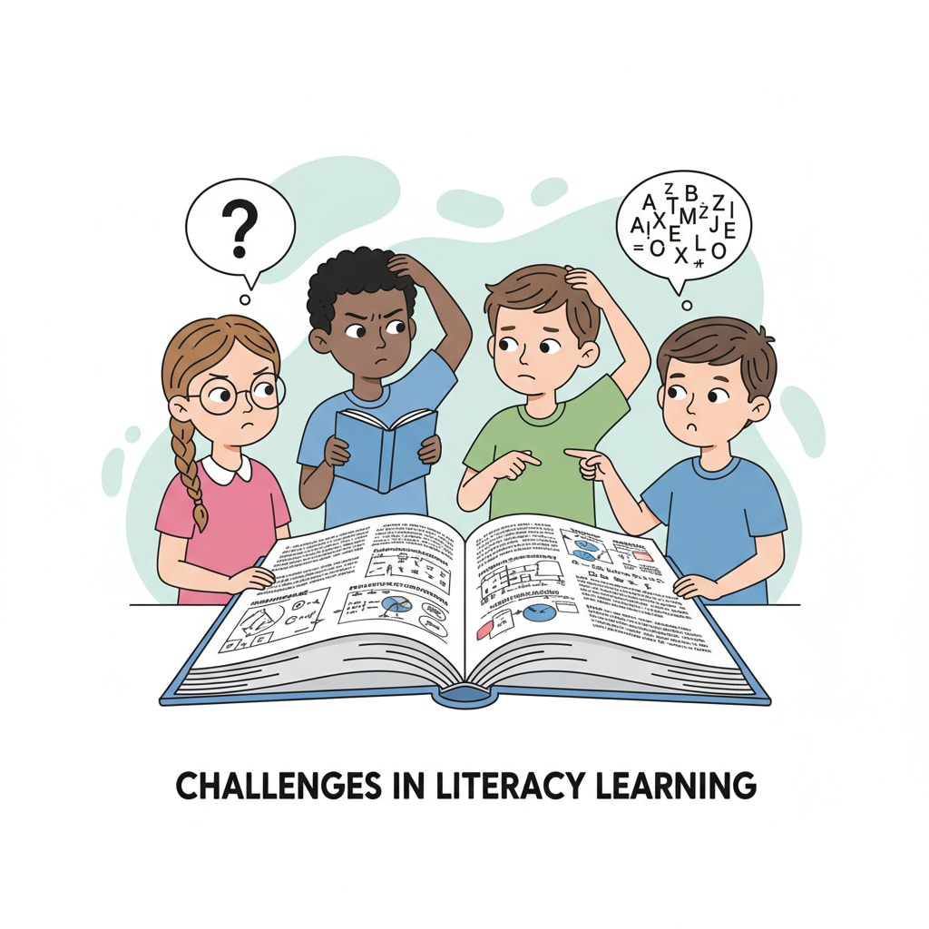 A group of students looking confused while reading a book, which shows the challenges they face in literacy learning. Students struggling with literacy in a democratic society context