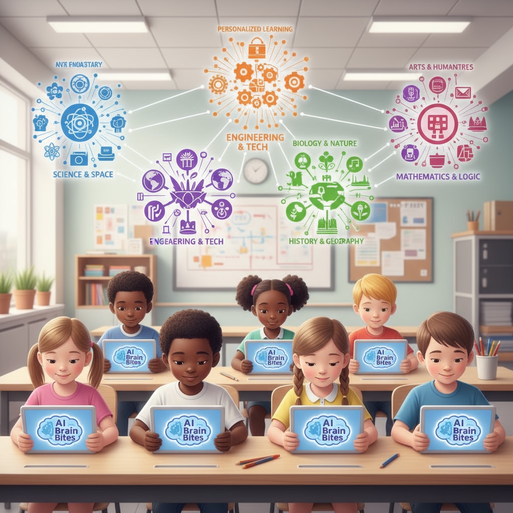 An illustration depicting students using AI Brain Bites to learn different subjects, with colorful graphics representing various knowledge areas. Students using AI Brain Bites educational learning tool