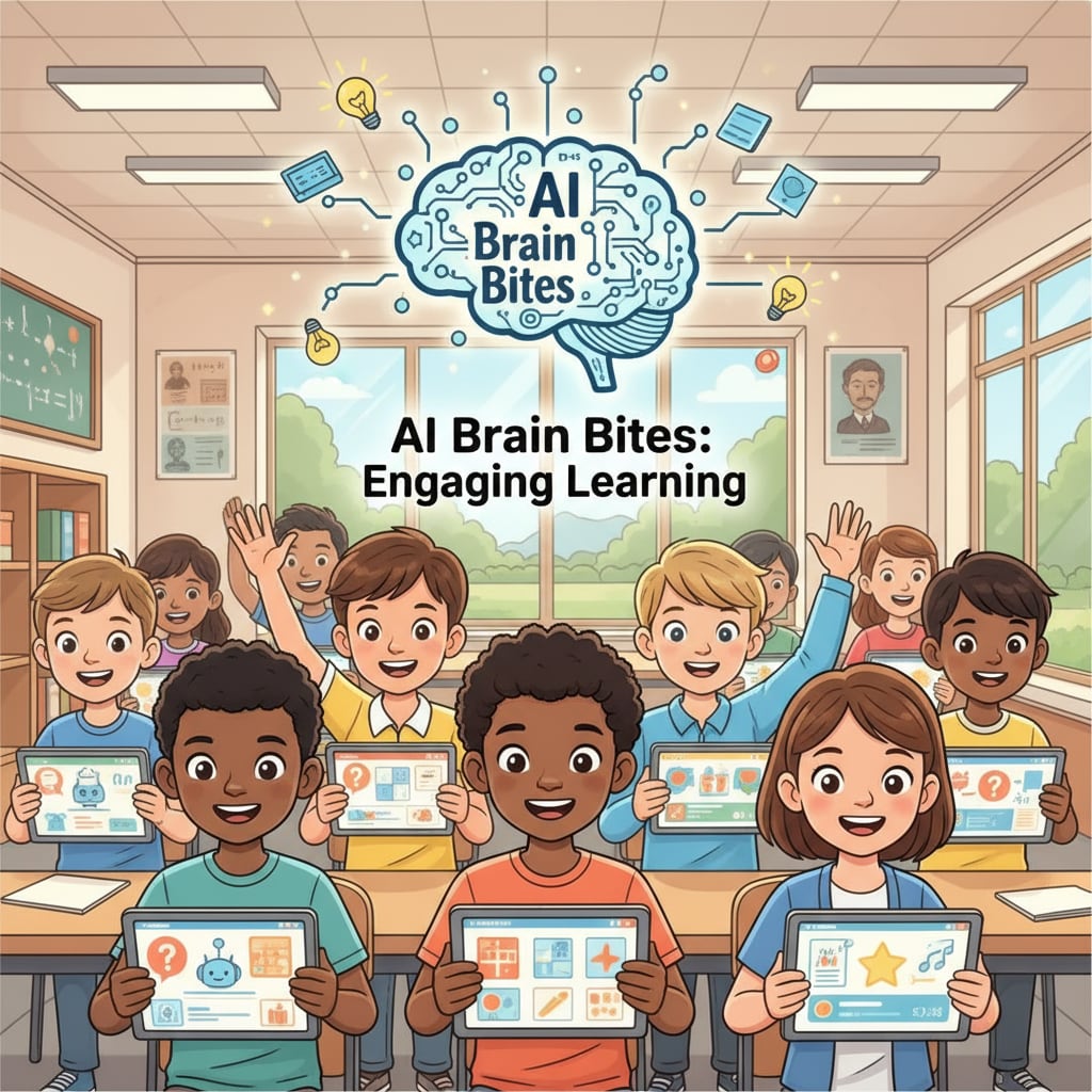 A scene of students showing excitement while using AI Brain Bites on tablets, highlighting the engaging nature of the learning tool. Engaged students using AI Brain Bites learning tool