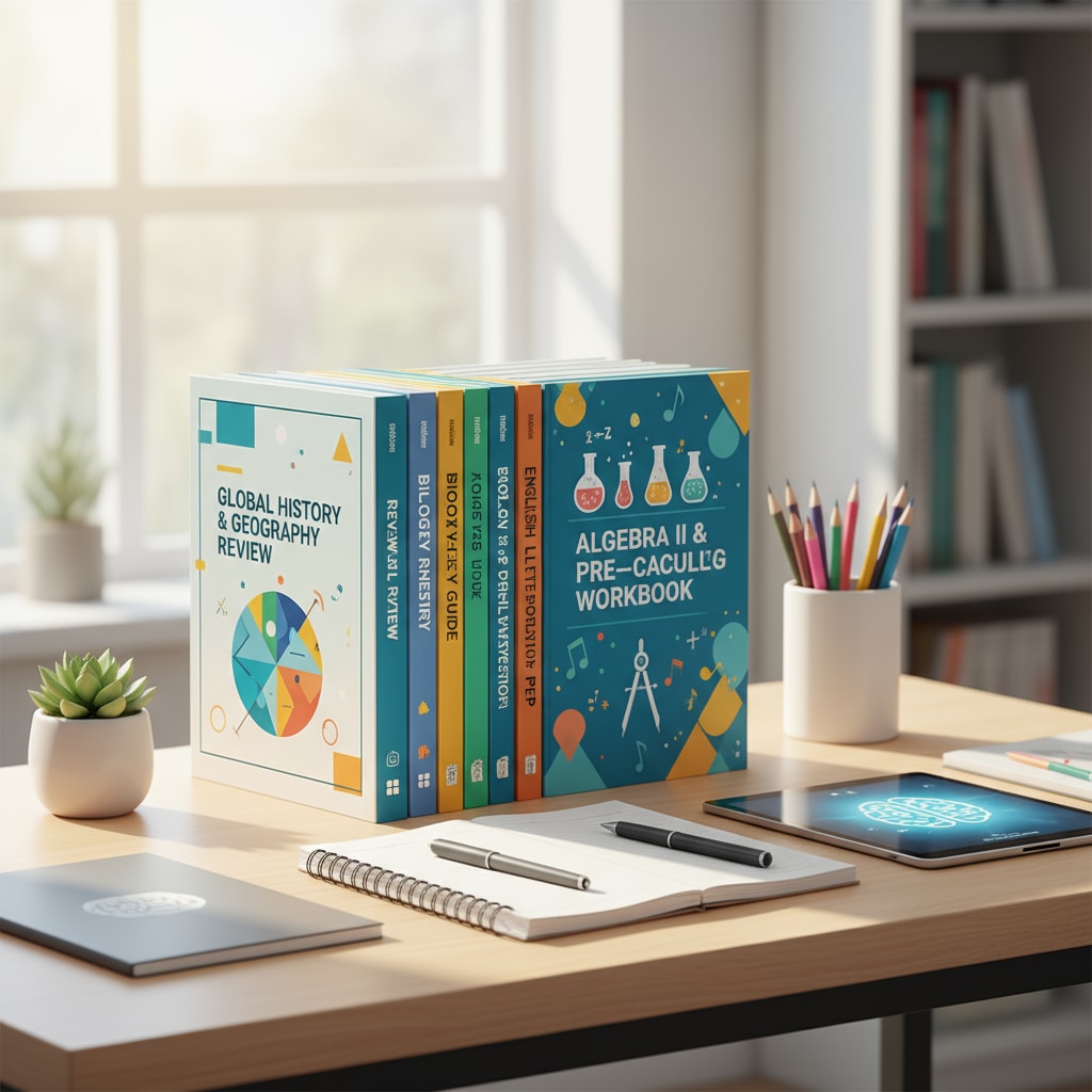 A collection of high school review workbooks neatly arranged on a study desk, showing different covers related to various subjects. High school basic knowledge review workbooks on a study desk