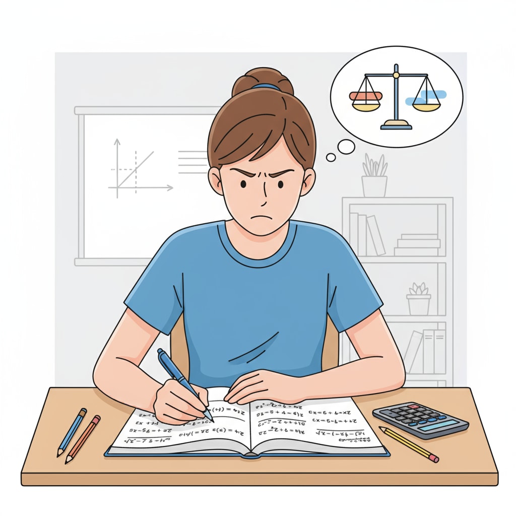A student studying an algebra workbook with a pen in hand, concentrating on solving equations. A student studying an algebra workbook