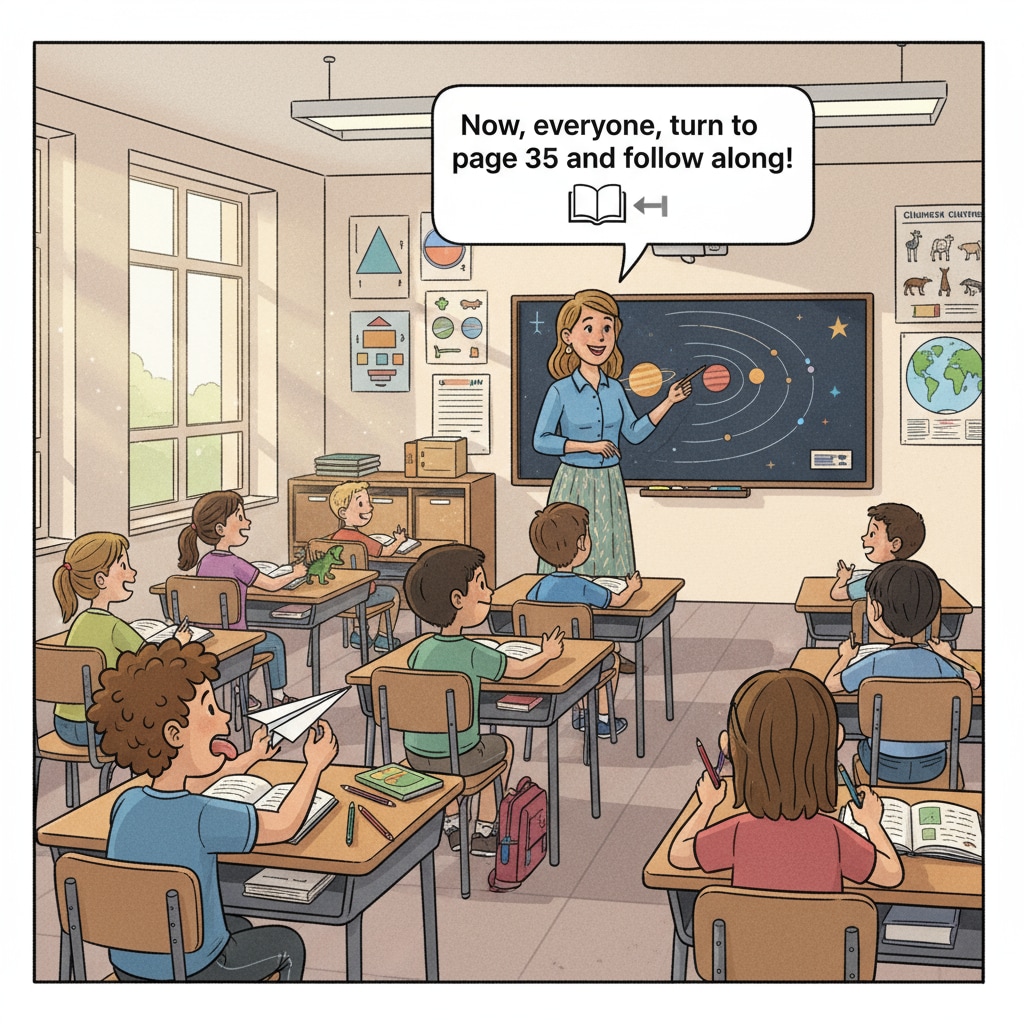 A classroom scene where some students are not following the teacher's instructions, showing a common teaching dilemma. Junior high school students not following classroom instructions, related to student behavior and teaching strategies