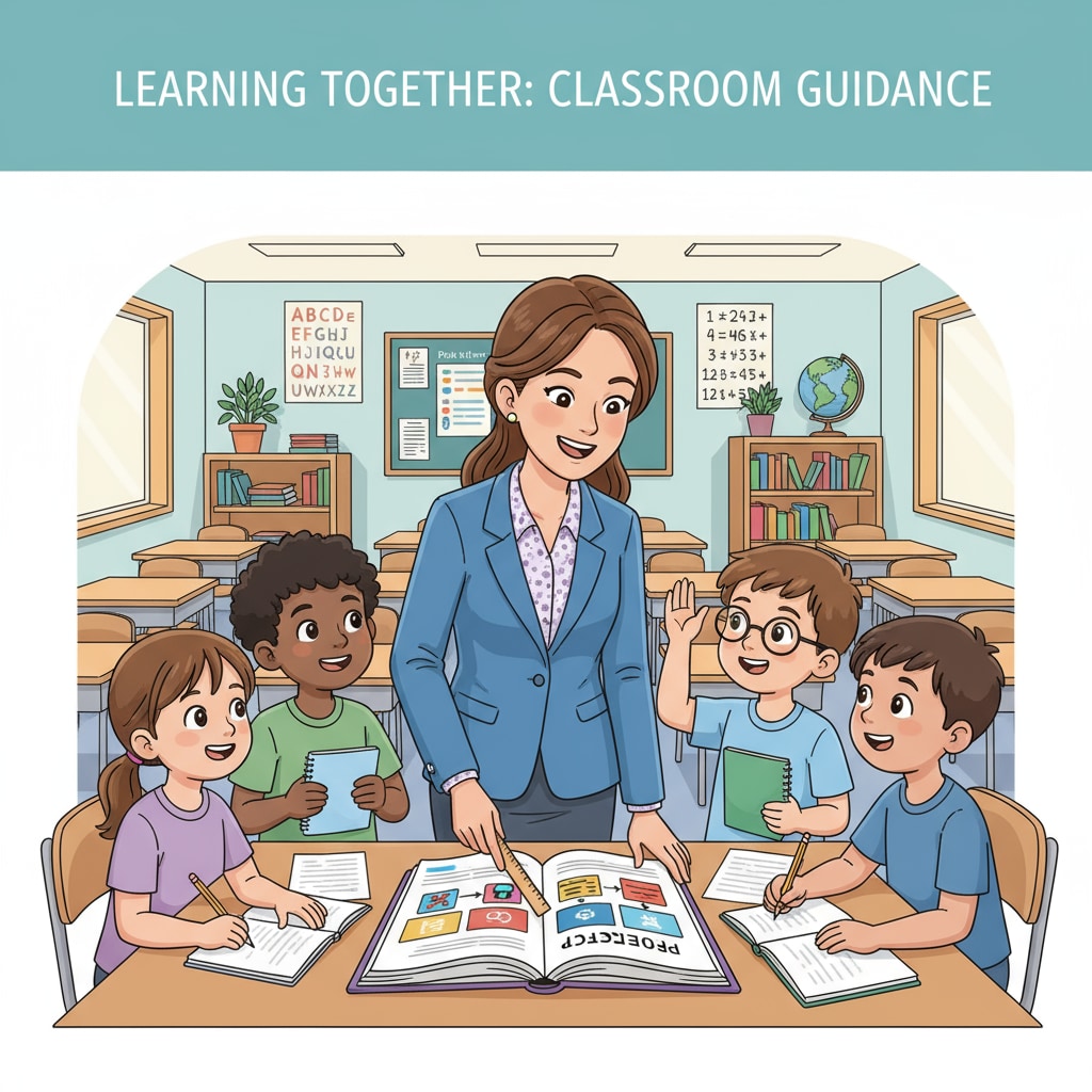 A teacher is patiently explaining instructions to students, which is an important part of teaching strategies. A teacher giving clear instructions to junior high school students, involving teaching strategies and student behavior