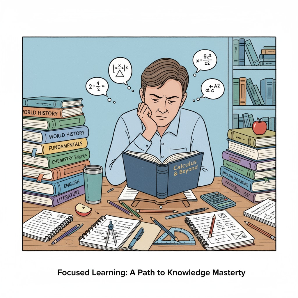 An adult is sitting at a desk, surrounded by high school study materials, concentrating on learning. An adult studying for a high school diploma in an affordable learning environment