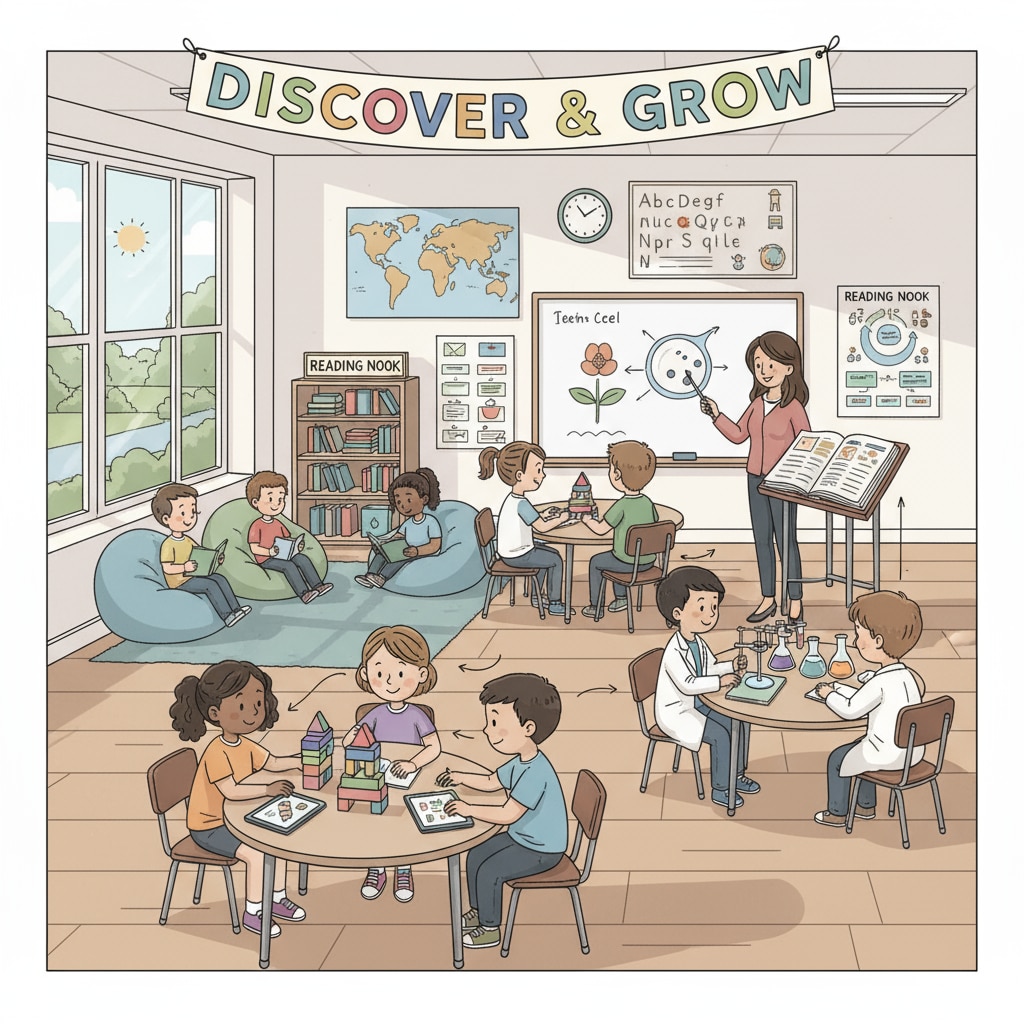 A modern K12 classroom with students actively participating in learning activities. K12 classroom scene promoting education, lifelong learning, and success