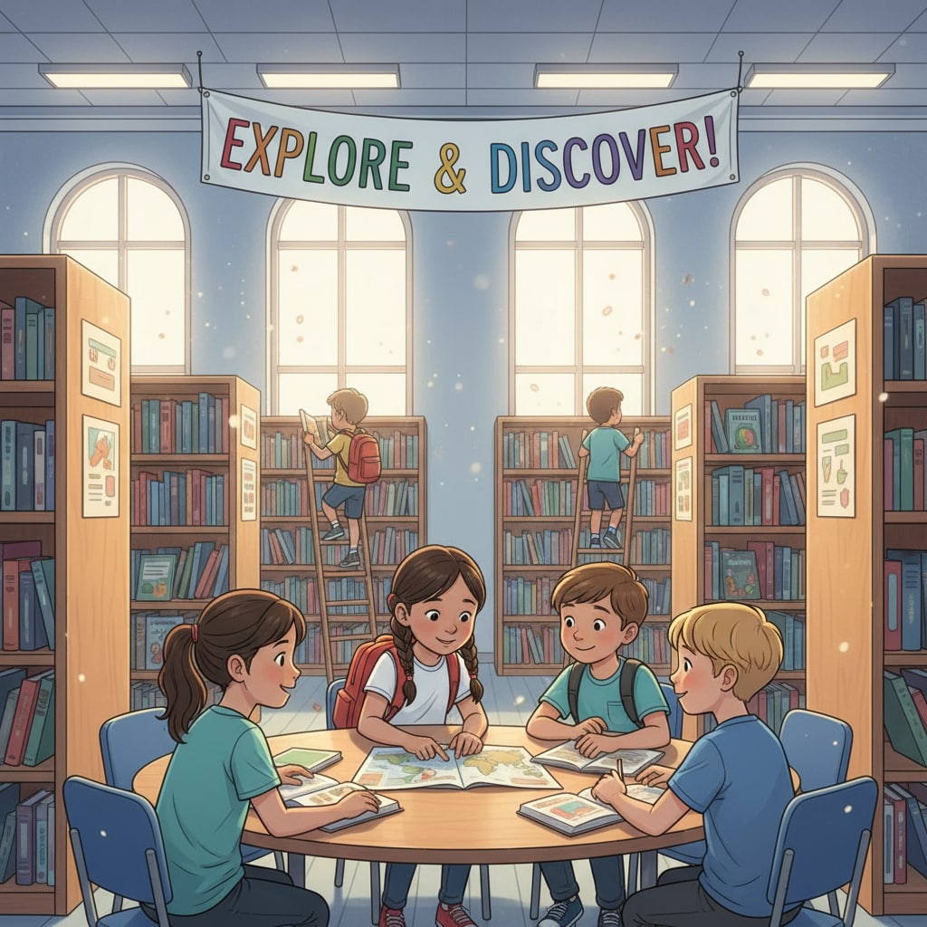 Students exploring various books in a school library, representing the pursuit of knowledge in K12 education. Students in a K12 school library, an important place for promoting education, lifelong learning, and success