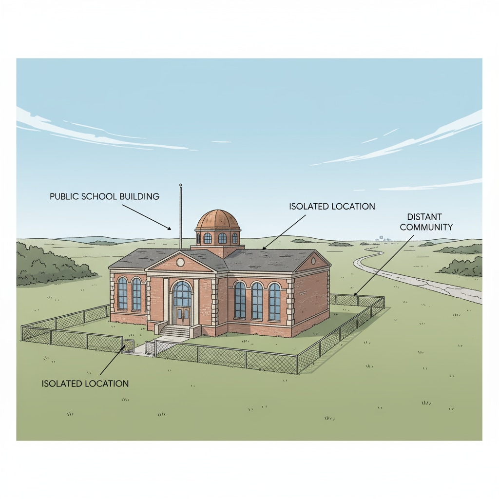 A small town public school building stands apart from the surrounding community, with a sense of isolation. A small town public school showing disconnection from the community in the context of school systems, community relations, and youth programs