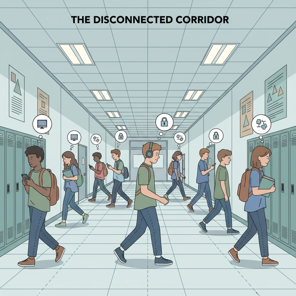 A group of students walking alone in a school corridor, with no sign of community interaction, highlighting the lack of connection. Students in a school corridor with no community interaction, related to school systems, community relations, and youth programs