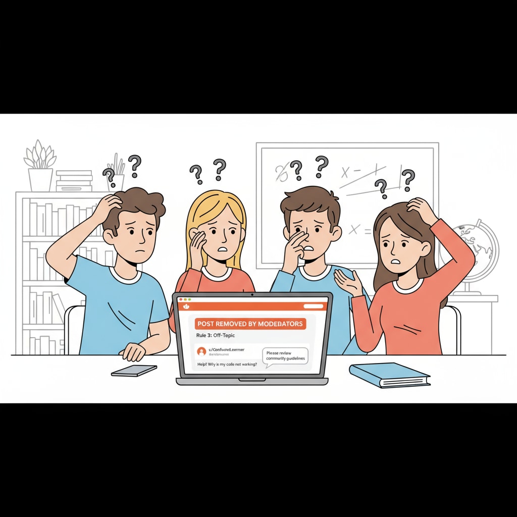 A group of students looking confused while using a laptop with a Reddit page showing post removal notice Students confused about Reddit post removal without explanation in K12 education