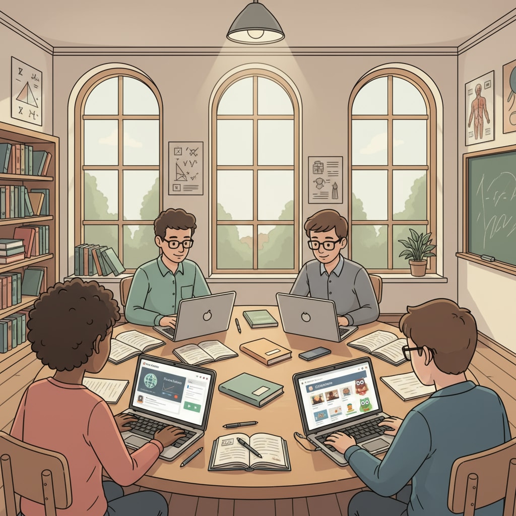 Students are sitting in a study room, using laptops to access various online learning platforms. High school students with special needs using online learning platforms for homework help