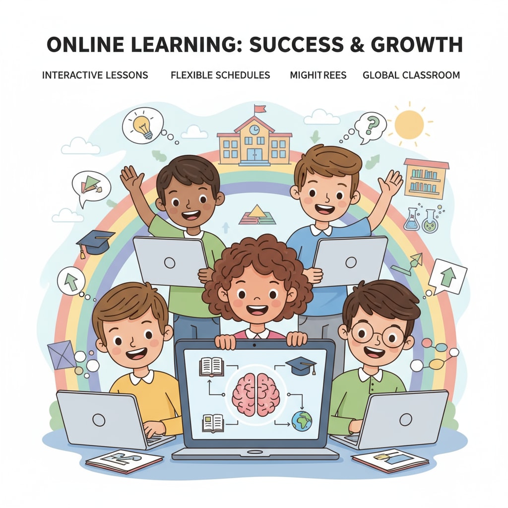 An illustration showing students with smiles on their faces, indicating they are benefiting from online learning platforms. High schoolers with autism benefiting from alternative online learning platforms