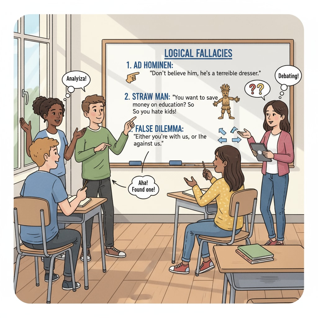 A group of high school students discussing in a classroom, with a whiteboard showing examples of logical fallacies. The students are engaged in a lively conversation, trying to identify and analyze the fallacies. High school students learning about logical fallacies, critical thinking, and propaganda recognition in a classroom.