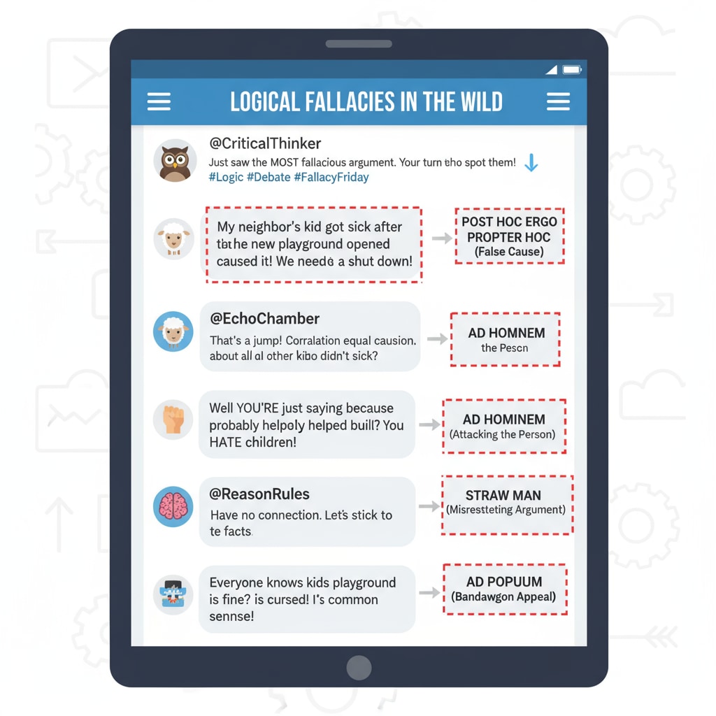 A screen shot of a social media post filled with an argument containing a logical fallacy. The post shows a heated debate with statements that can be identified as fallacious. Social media post with a logical fallacy, highlighting the need for critical thinking and propaganda recognition.