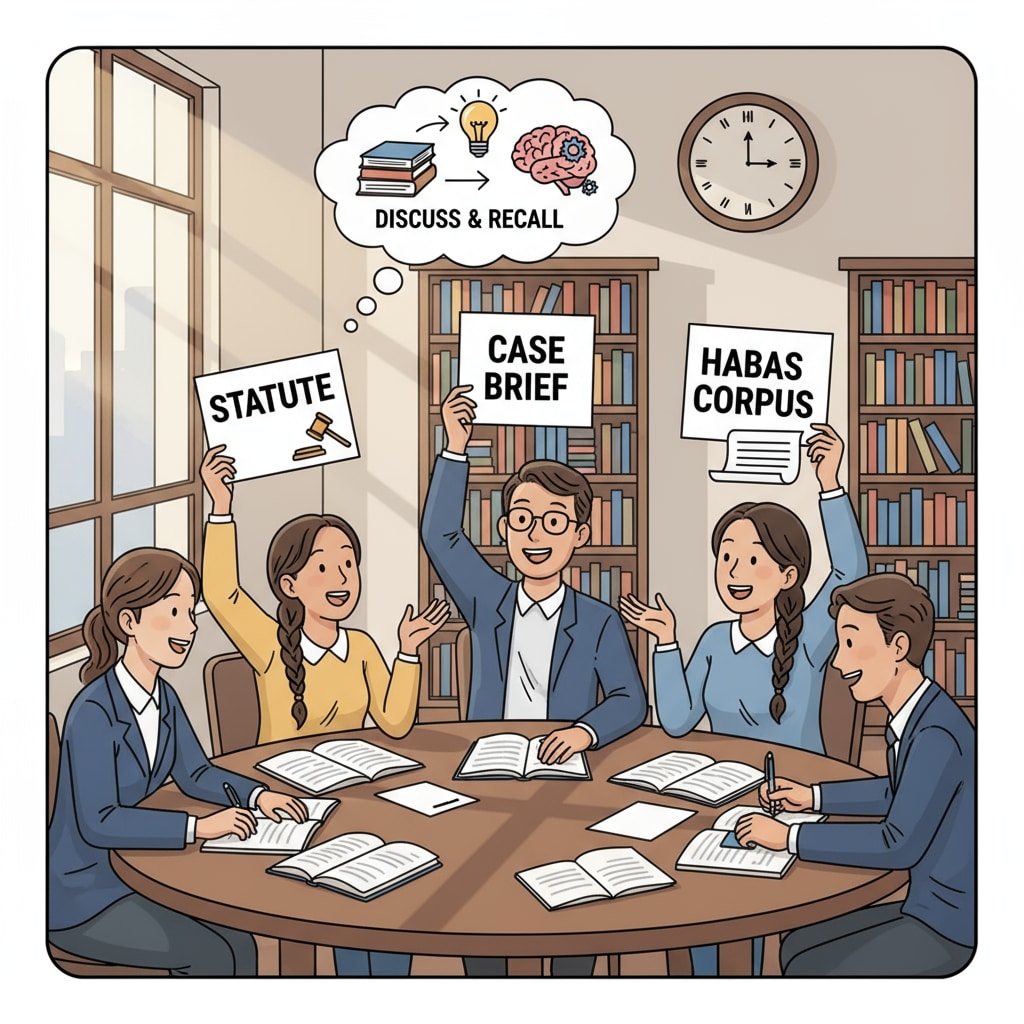A group of law students are engaged in a lively discussion. Some are holding flashcards, indicating their use of active recall methods during their study session. This scene represents the shift from passive reading to more active and effective learning strategies. Law students using active recall and spaced repetition techniques during study