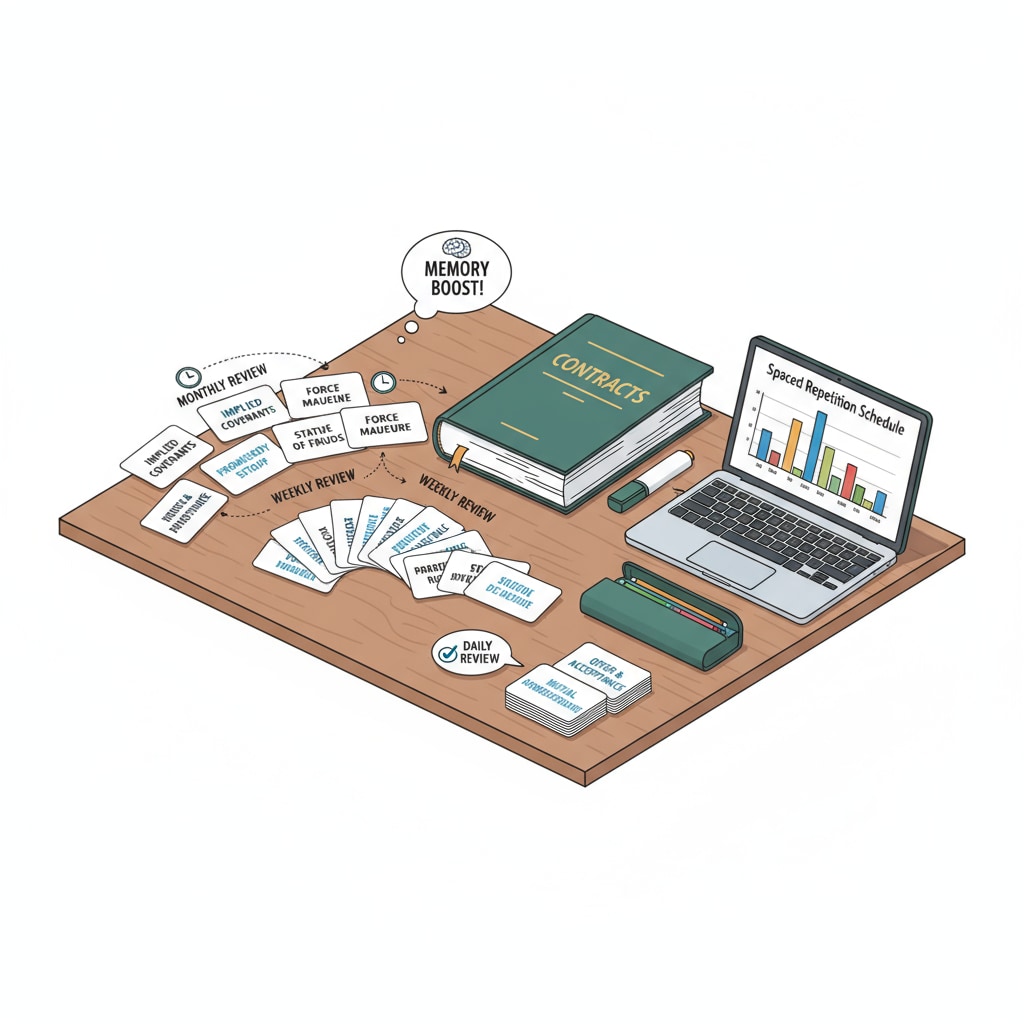 A single law student is sitting at a desk, arranging flashcards in a pattern that suggests spaced repetition. This visual shows how students can use spaced repetition to enhance their memory of legal concepts. Law student practicing spaced repetition with flashcards for legal learning