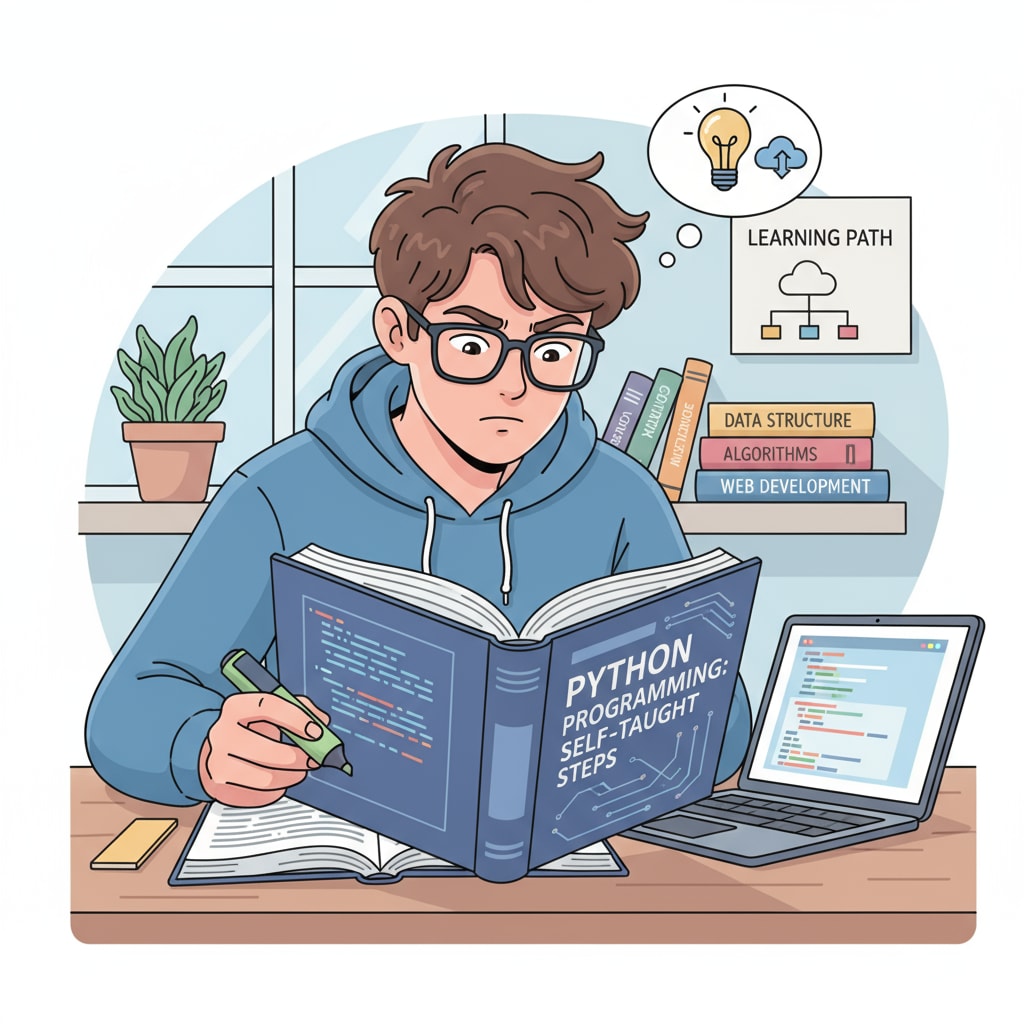 A young man is sitting at a desk, deeply engaged in reading a programming book, signifying his self-education journey. A young man engaged in self-education through reading a programming book in the context of education, high school performance, and self-improvement